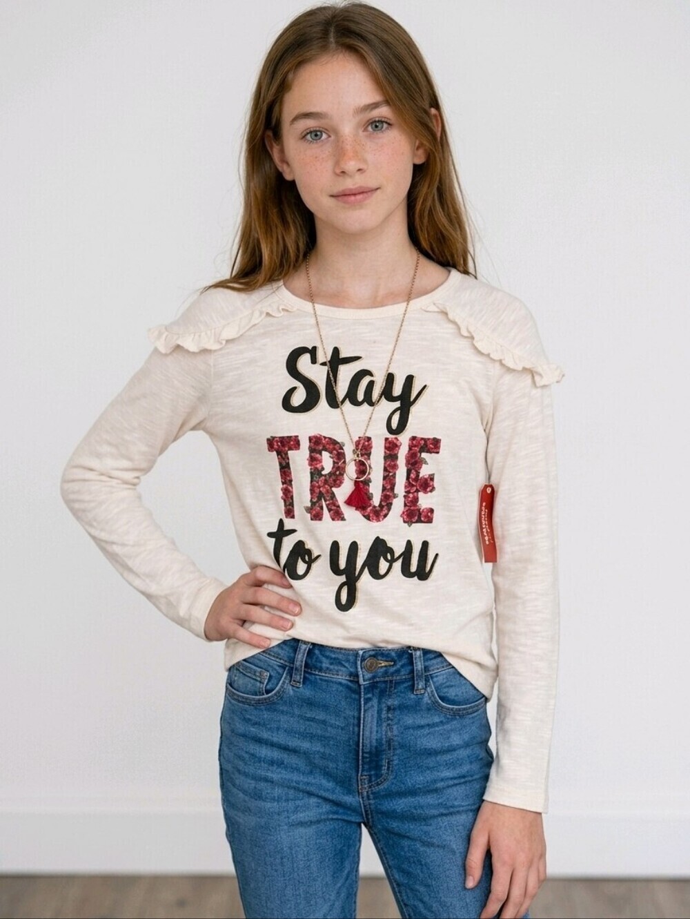 NWT Arizona Jean Co 'Stay True To You' Long Sleeve Blouse & Necklace  ~L 14